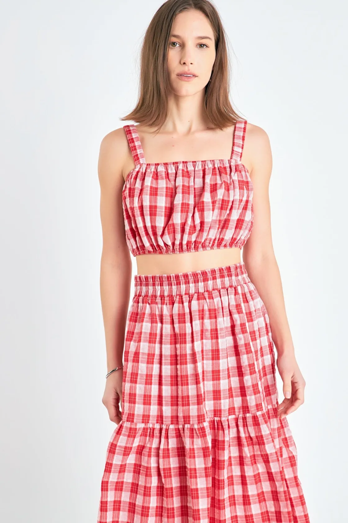 english_factory__plaid_ru_3.webp ENGLISH FACTORY Tops*- Plaid Ruched Thick Strap Bandeau RED
