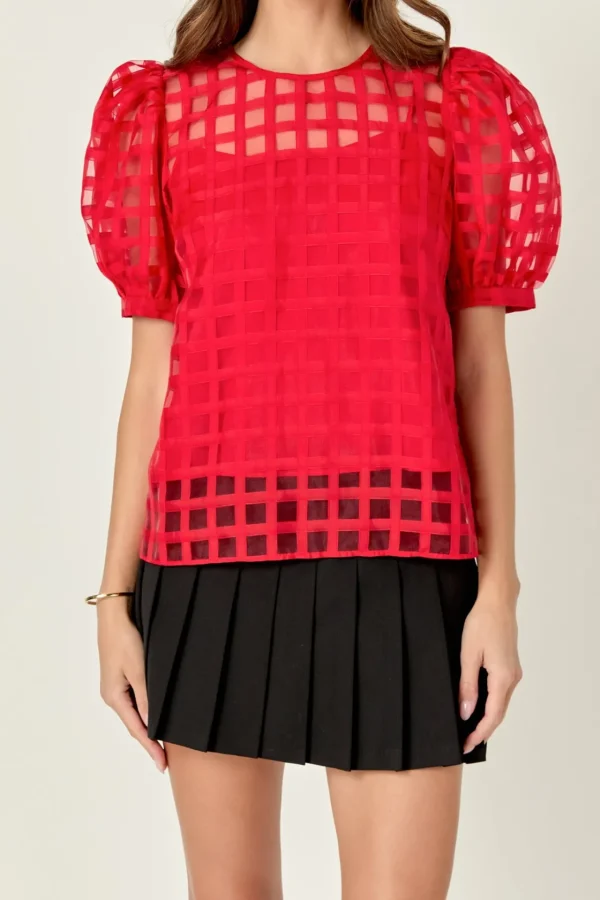 ENGLISH FACTORY Sweaters & Knits | Tops*- Plaid Sheer Puff Sleeve Top