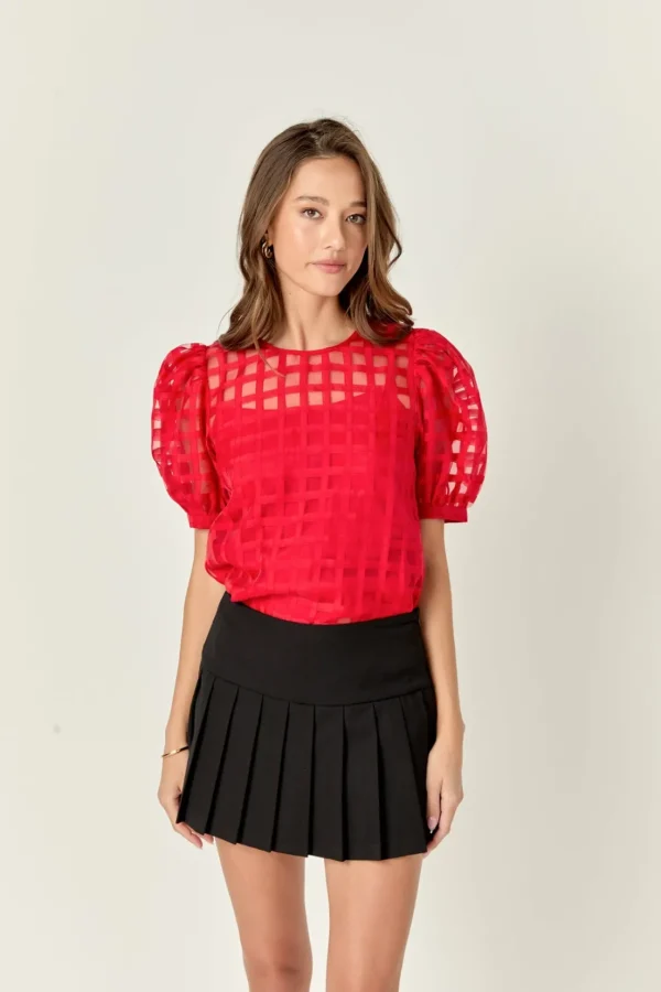 ENGLISH FACTORY Sweaters & Knits | Tops*- Plaid Sheer Puff Sleeve Top