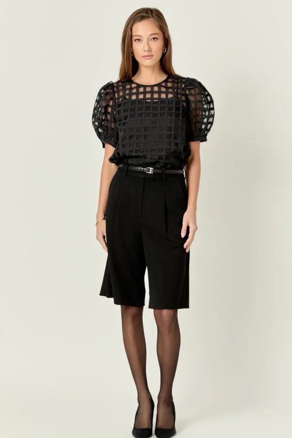 ENGLISH FACTORY Sweaters & Knits | Tops*- Plaid Sheer Puff Sleeve Top