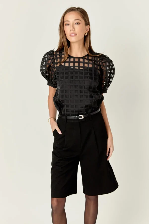 ENGLISH FACTORY Sweaters & Knits | Tops*- Plaid Sheer Puff Sleeve Top