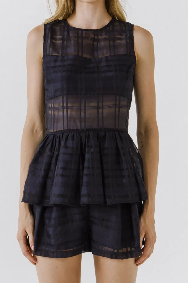 ENGLISH FACTORY Matching Sets | Tops*- Plaid Sleeveless Peplum Top NAVY