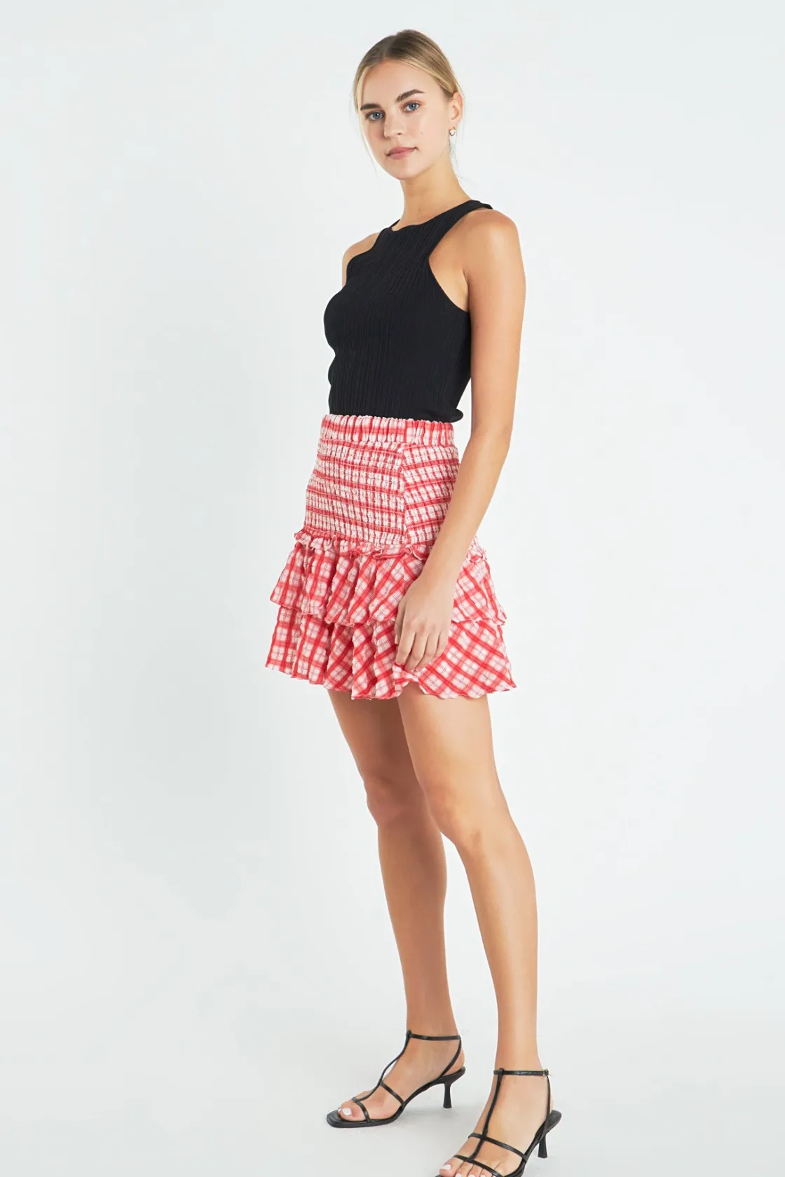 english_factory__plaid_sm_1.webp ENGLISH FACTORY Skirts | Tops*- Plaid Smocked Mini Skirt RED