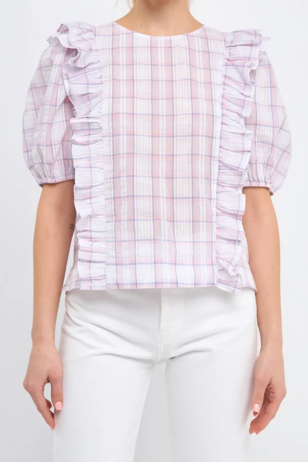 ENGLISH FACTORY Tops*- Plaid Top with Ruffles WHITE/PURPLE