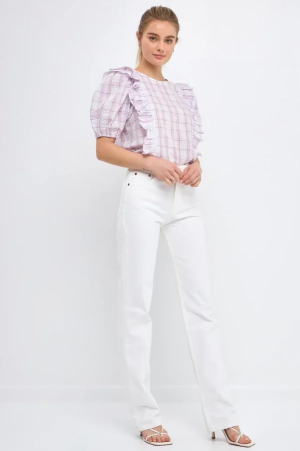 ENGLISH FACTORY Tops*- Plaid Top with Ruffles WHITE/PURPLE