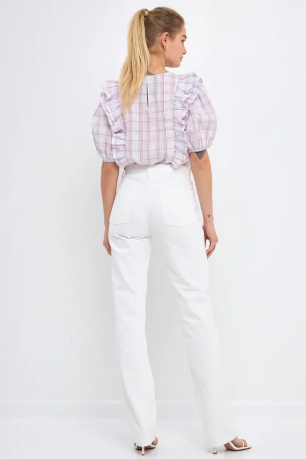 ENGLISH FACTORY Tops*- Plaid Top with Ruffles WHITE/PURPLE