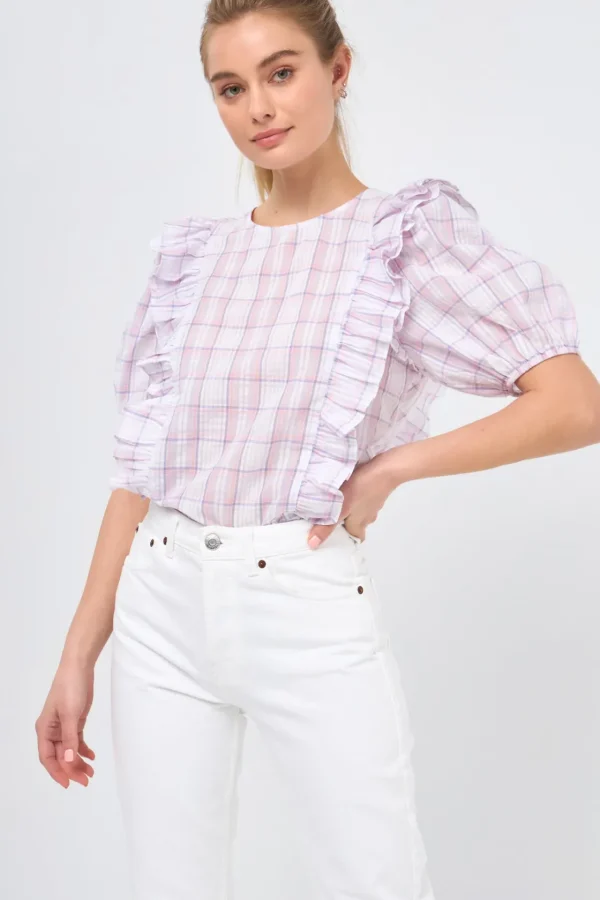ENGLISH FACTORY Tops*- Plaid Top with Ruffles WHITE/PURPLE