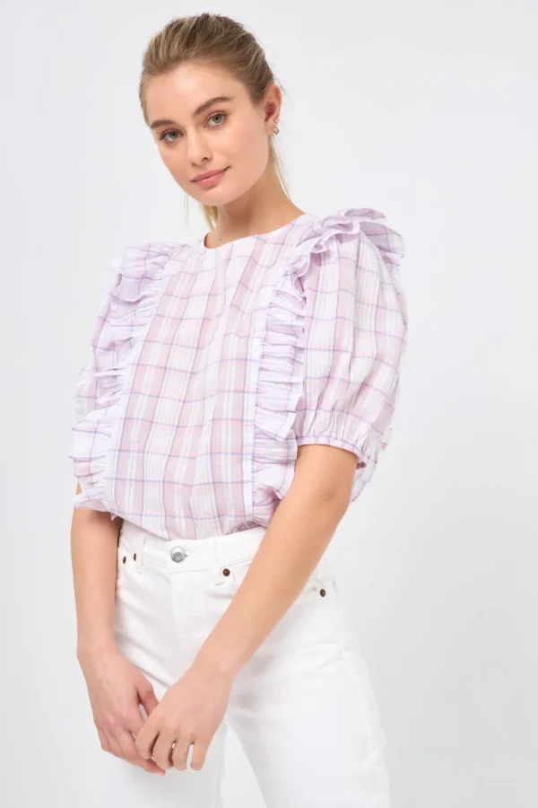ENGLISH FACTORY Tops*- Plaid Top with Ruffles WHITE/PURPLE