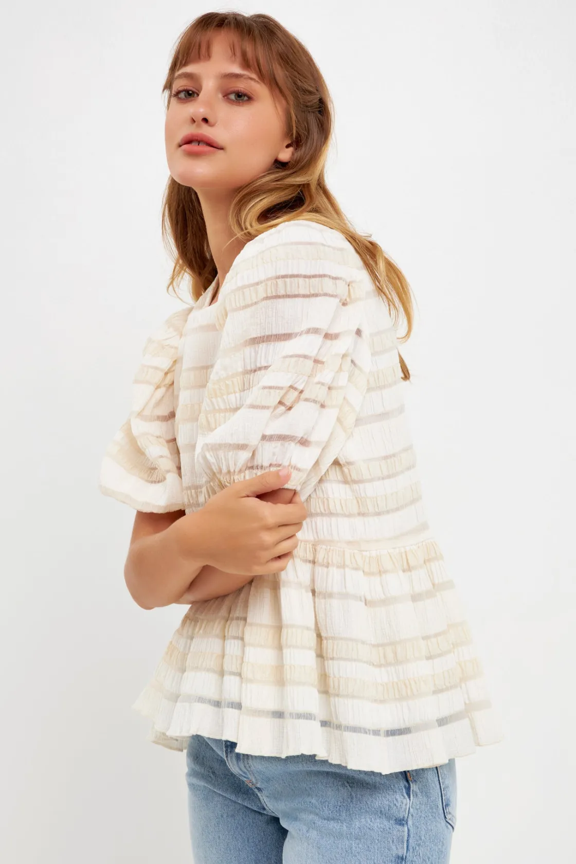 english_factory__pleated__0-1.webp ENGLISH FACTORY Tops*- Pleated Fabric High-Low Top IVORY