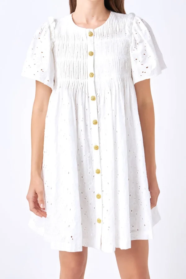 ENGLISH FACTORY White Dresses | Tops*- Pleated Eyelet Mini Dress WHITE