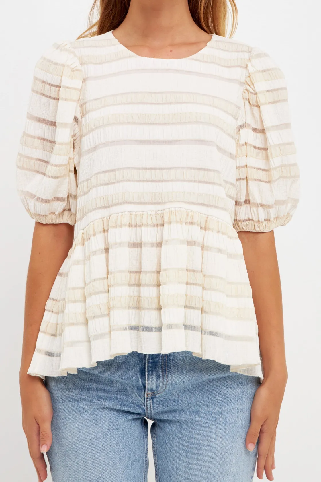 english_factory__pleated__1-1.webp ENGLISH FACTORY Tops*- Pleated Fabric High-Low Top IVORY
