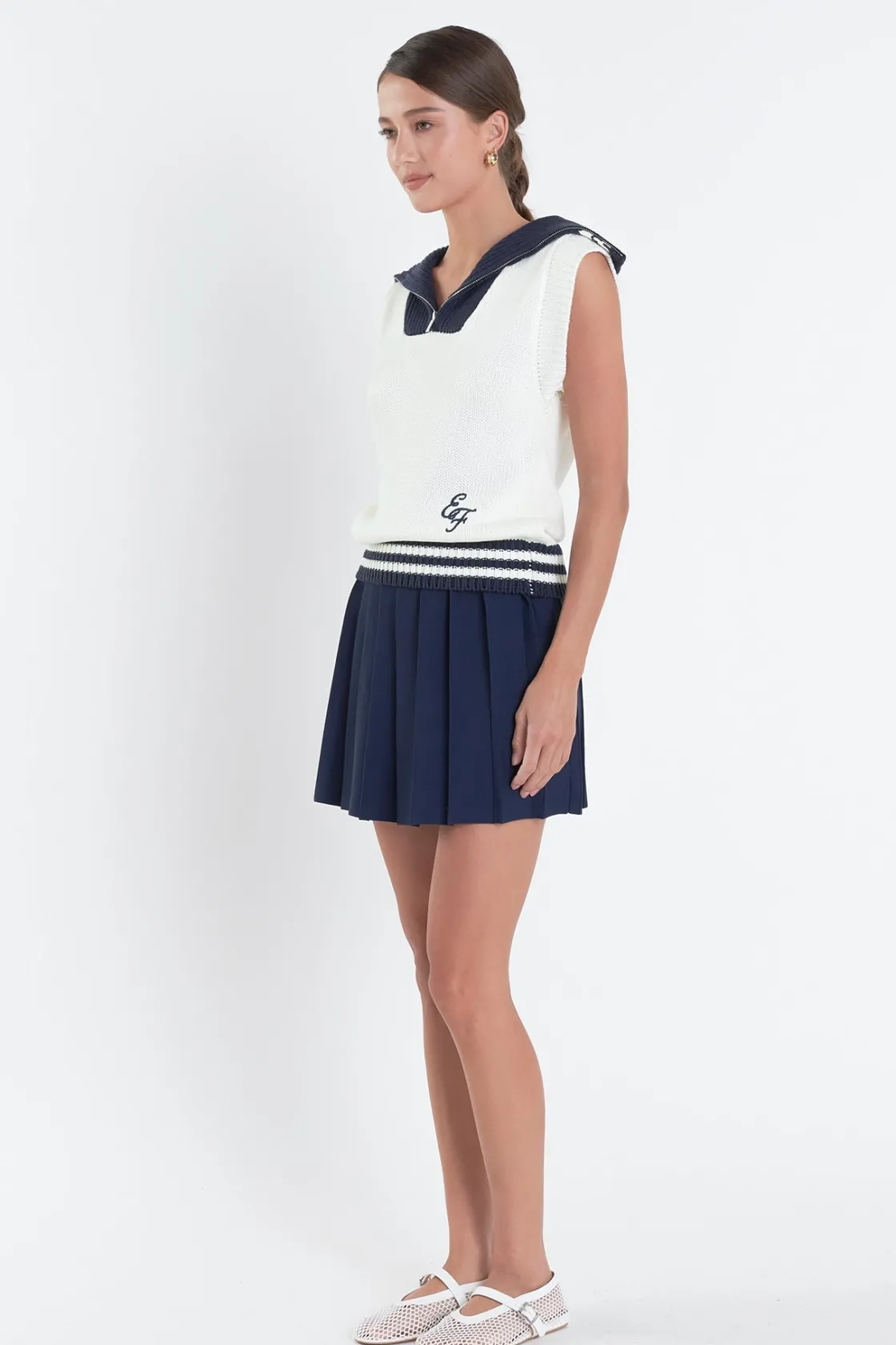 english_factory__pleated__1-7.webp ENGLISH FACTORY Skirts*- Pleated Mini Knit Skirt NAVY/WHITE