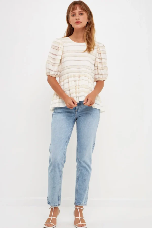ENGLISH FACTORY Tops*- Pleated Fabric High-Low Top IVORY