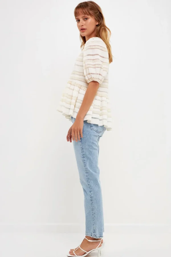 ENGLISH FACTORY Tops*- Pleated Fabric High-Low Top IVORY