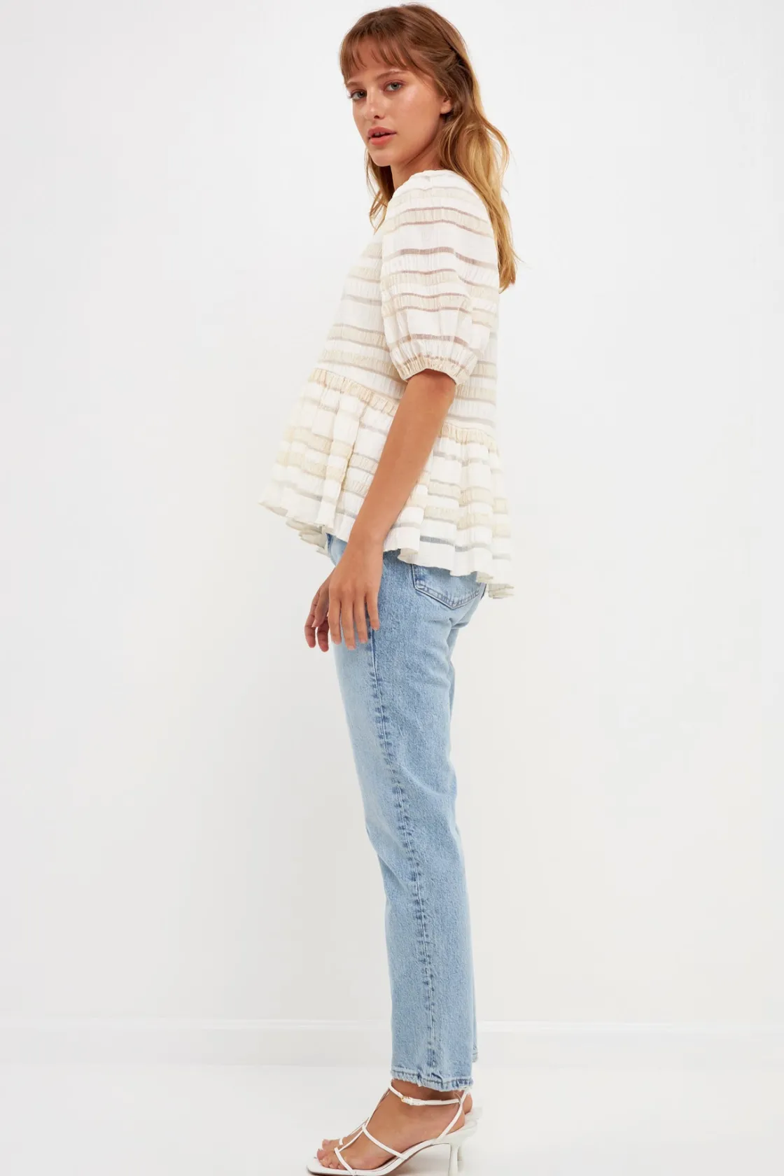 english_factory__pleated__3-1.webp ENGLISH FACTORY Tops*- Pleated Fabric High-Low Top IVORY