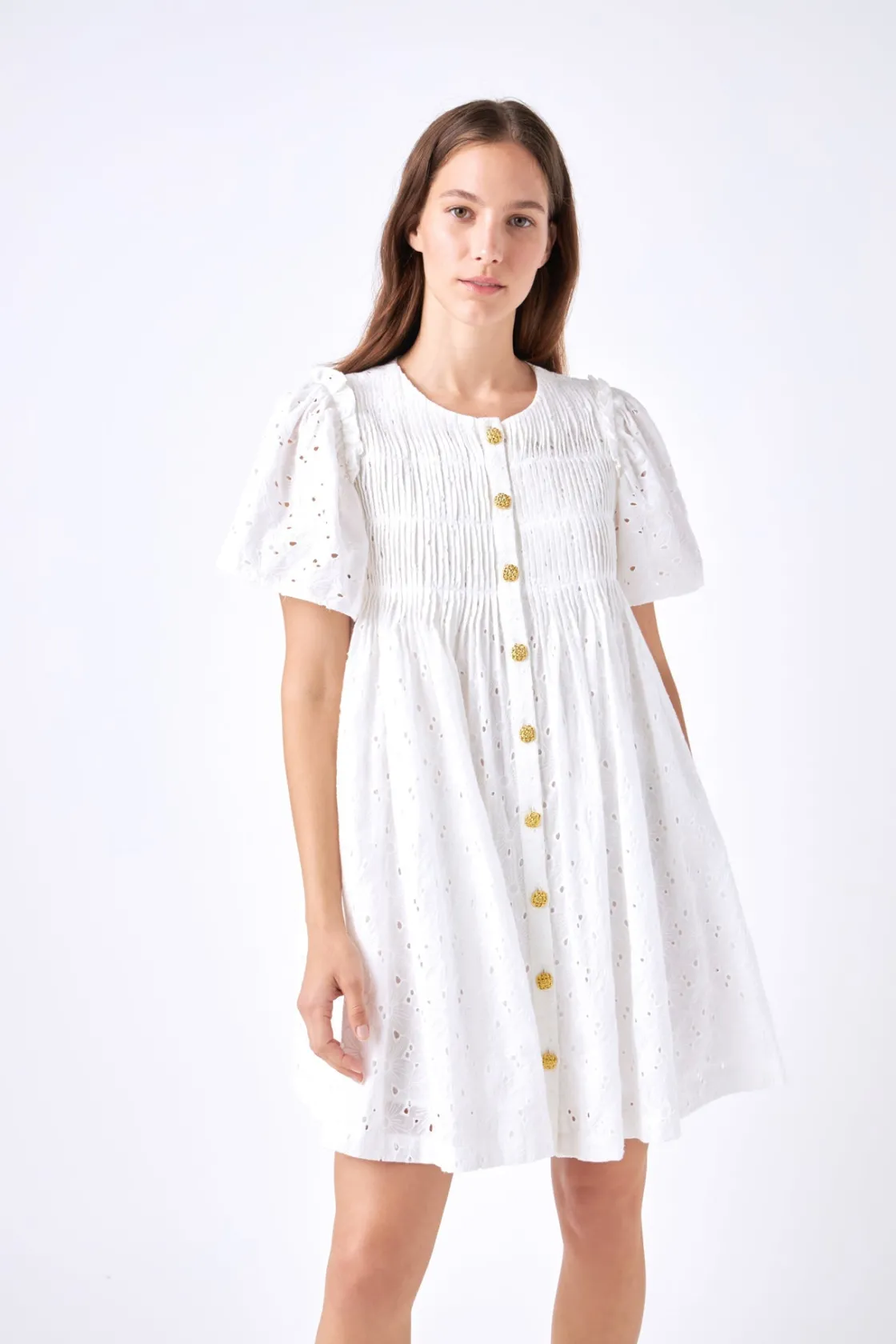 english_factory__pleated__3-12.webp ENGLISH FACTORY White Dresses | Tops*- Pleated Eyelet Mini Dress WHITE