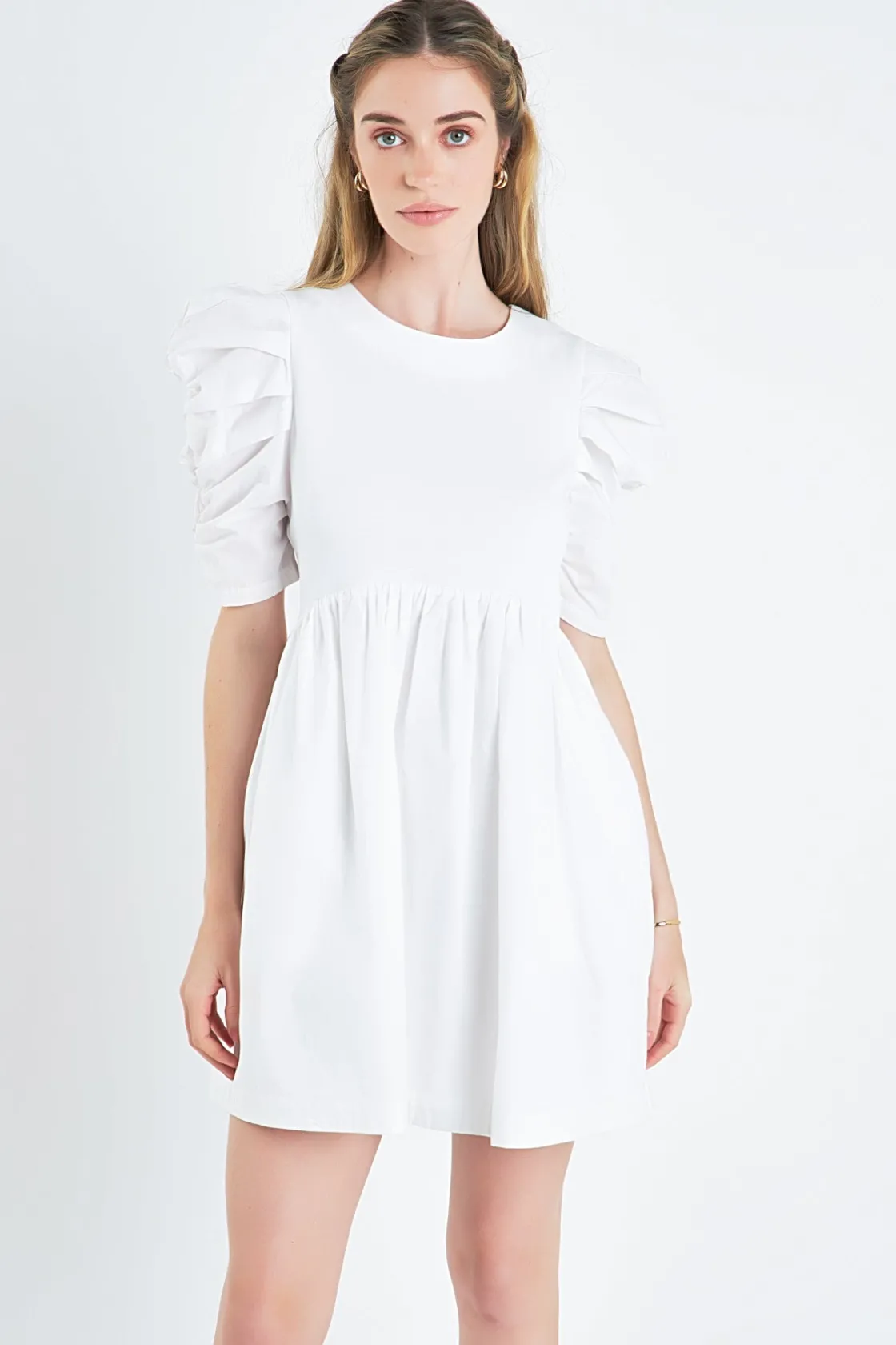 english_factory__pleated__3-13.webp ENGLISH FACTORY White Dresses | Tops*- Pleated Puff Sleeve Mini Dress