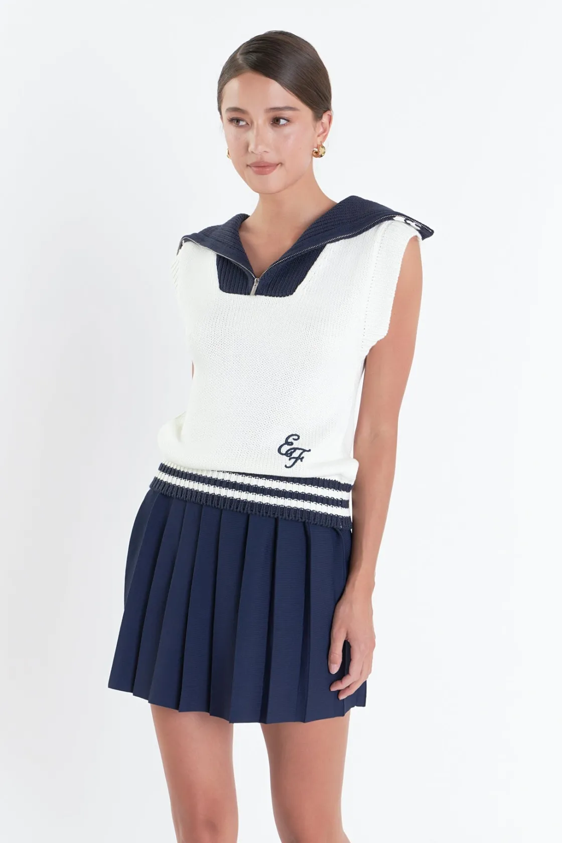 english_factory__pleated__3-7.webp ENGLISH FACTORY Skirts*- Pleated Mini Knit Skirt NAVY/WHITE