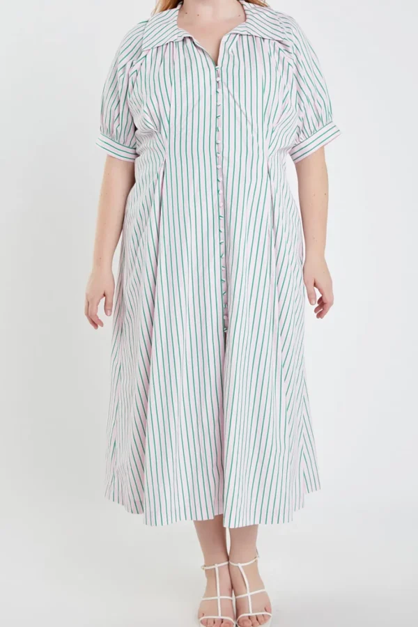 ENGLISH FACTORY Tops*- Plus Size Stripe Shirt Midi Dress PINK/GREEN