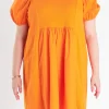 ENGLISH FACTORY Tops*- Plus Size Mixed Media Babydoll Mini Dress ORANGE