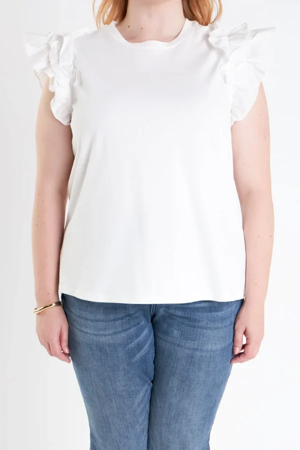 ENGLISH FACTORY Tops*- Plus Size Mixed Media Ruffle Detail T-Shirt