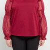 ENGLISH FACTORY Tops*- Plus Size Organza Mixed Smocked Detail Long Sleeve Top WINE