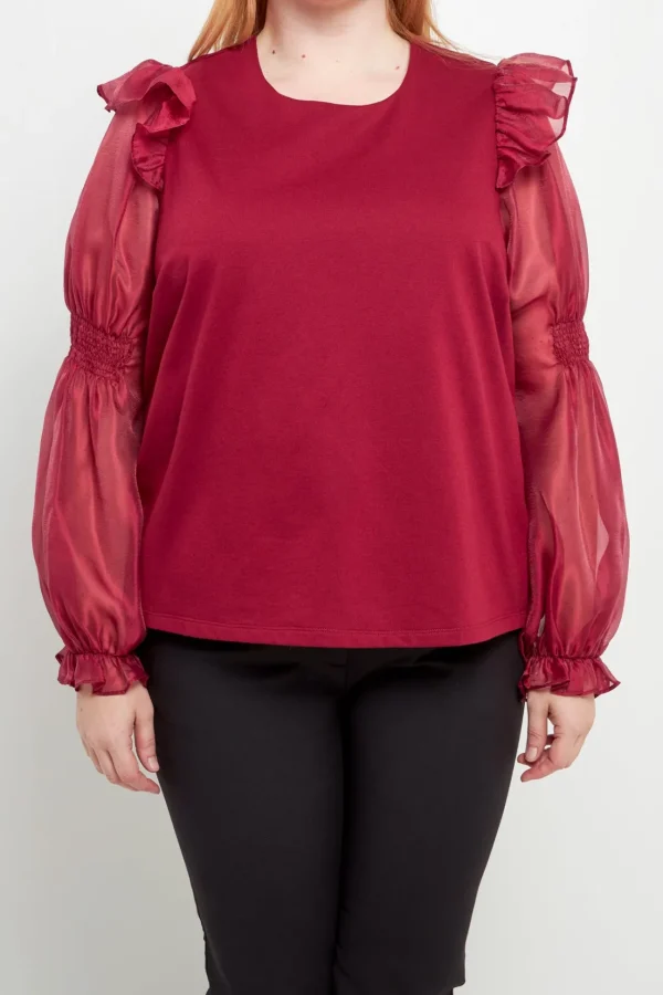 ENGLISH FACTORY Tops*- Plus Size Organza Mixed Smocked Detail Long Sleeve Top WINE
