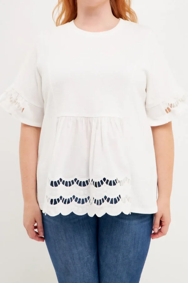 ENGLISH FACTORY Tops*- Plus Size Knit Eyelet Mixed T-Shirts WHITE