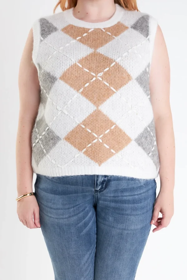 ENGLISH FACTORY Tops*- Plus Size Argyle Knit Vest WHITE