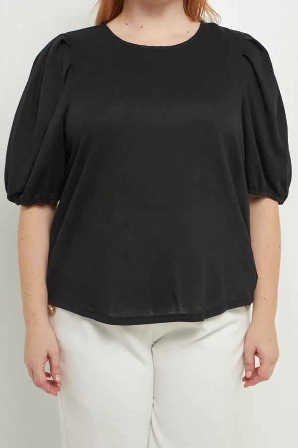 ENGLISH FACTORY Tops*- Plus Size Pleated Shoulder Knit Top BLACK