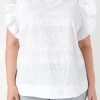 ENGLISH FACTORY Tops*- Plus Size Ruffle Sleeve Embroidered Cotton Top WHITE