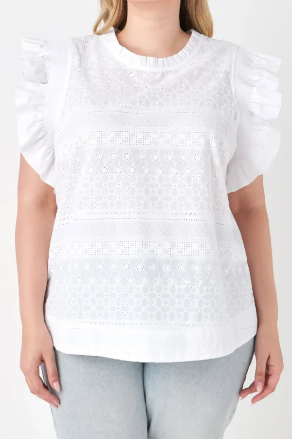 ENGLISH FACTORY Tops*- Plus Size Ruffle Sleeve Embroidered Cotton Top WHITE