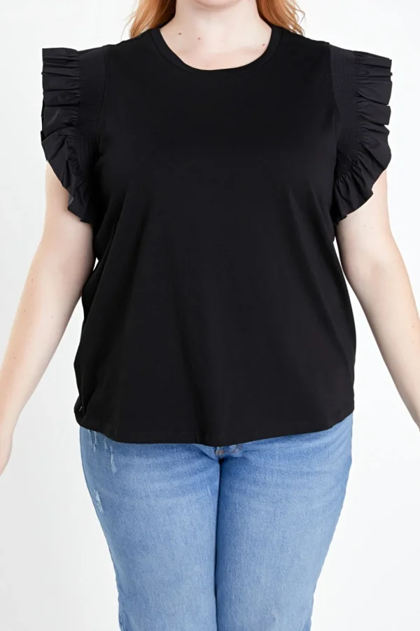 ENGLISH FACTORY Tops*- Plus Size Poplin Knit Mixed Ruffle Detail Top