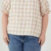 ENGLISH FACTORY Tops*- Plus Size Gingham Top with Short Puff Sleeves KHAKI