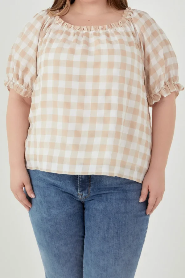 ENGLISH FACTORY Tops*- Plus Size Gingham Top with Short Puff Sleeves KHAKI