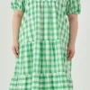ENGLISH FACTORY Tops*- Plus Size Gingham Check Midi Dress GREEN/WHITE