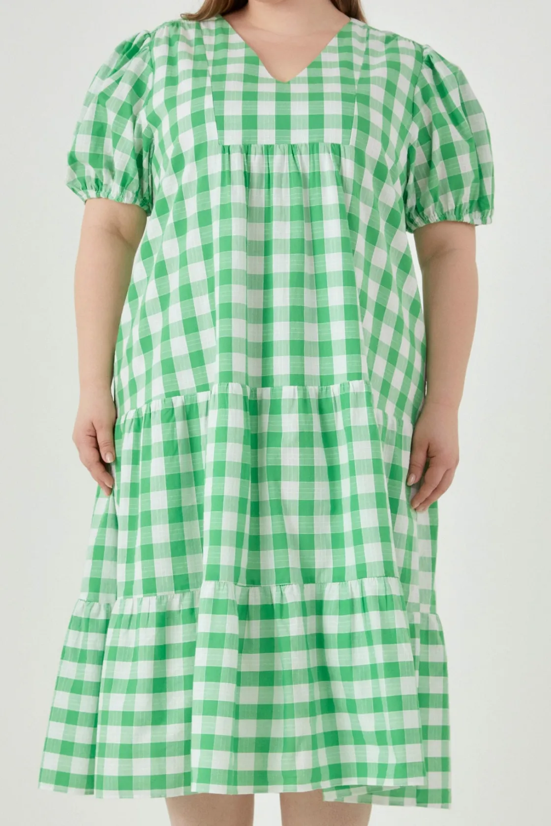 english_factory__plus_siz_0-2.webp ENGLISH FACTORY Tops*- Plus Size Gingham Check Midi Dress GREEN/WHITE