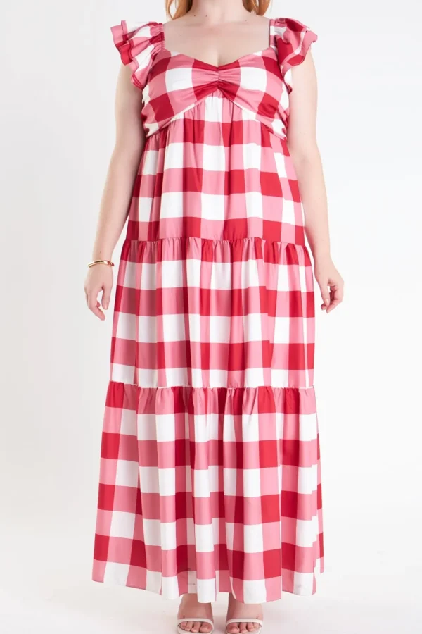 ENGLISH FACTORY Tops*- Plus Size Gingham Maxi Dress RED/WHITE