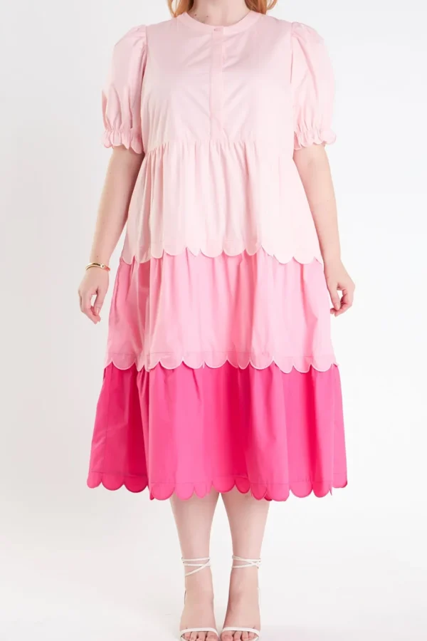 ENGLISH FACTORY Puff Sleeve | Tops*- Plus Size Colorblock Scallop Dress PINKMULTI