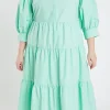 ENGLISH FACTORY Puff Sleeve | Tops*- Plus Size V-neckline Puff Sleeve Midi Dress MINT