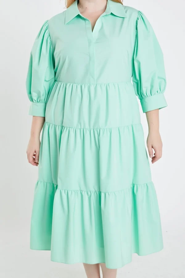 ENGLISH FACTORY Puff Sleeve | Tops*- Plus Size V-neckline Puff Sleeve Midi Dress MINT
