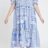 ENGLISH FACTORY Puff Sleeve | Tops*- Plus Size Geometric Print Tiered Midi Dress BLUE