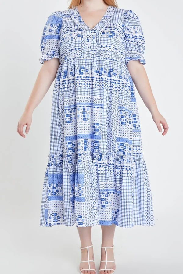 ENGLISH FACTORY Puff Sleeve | Tops*- Plus Size Geometric Print Tiered Midi Dress BLUE