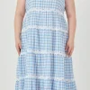 ENGLISH FACTORY Lace Dresses*- Plus Size Floral Lace Gingham Printed Midi Dress BLUE/WHITE