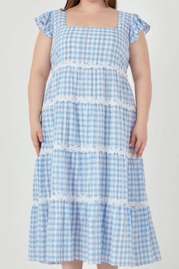 ENGLISH FACTORY Lace Dresses*- Plus Size Floral Lace Gingham Printed Midi Dress BLUE/WHITE