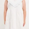 ENGLISH FACTORY Tops*- Plus Size Contrast Embroidery Ruffled Mini Dress WHITE