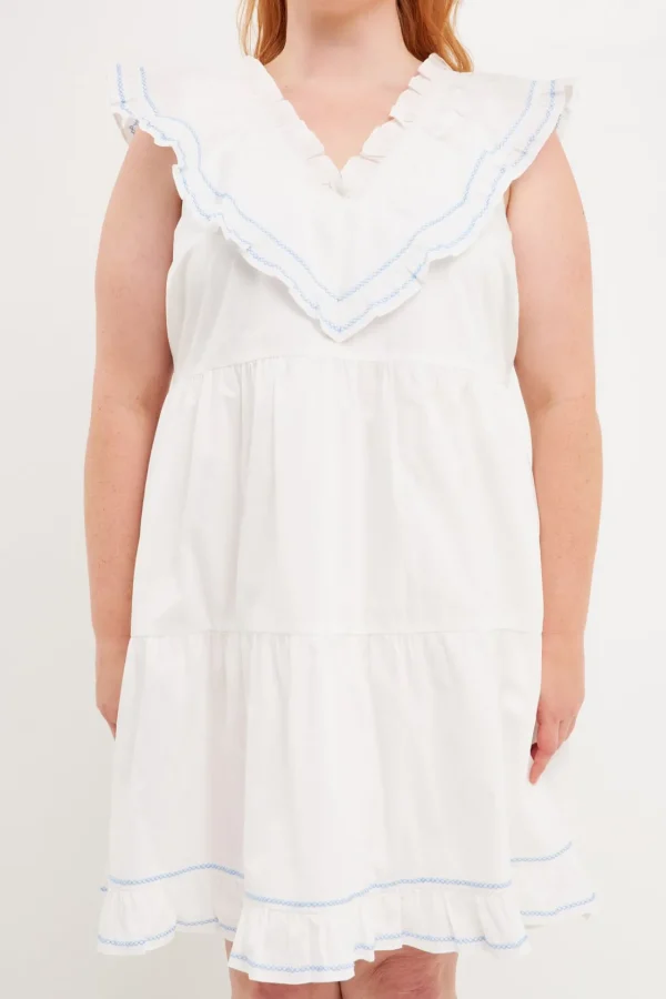 ENGLISH FACTORY Tops*- Plus Size Contrast Embroidery Ruffled Mini Dress WHITE