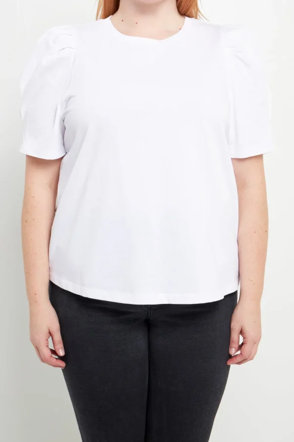 ENGLISH FACTORY Tops*- Plus Size Short Puff Sleeve Knit Top WHITE