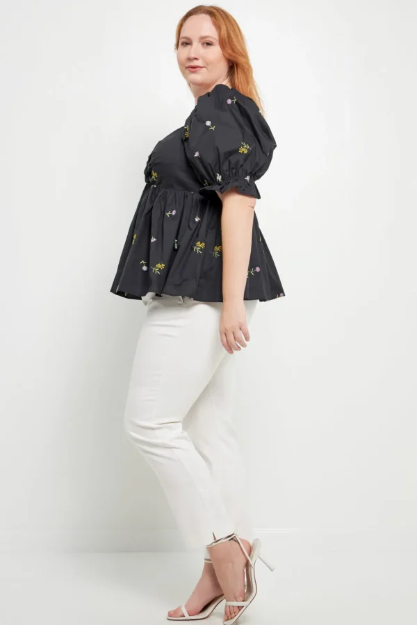 ENGLISH FACTORY Tops*- Plus Size Multi Floral Embroidery Top BLACKMULTI