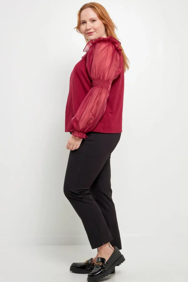 ENGLISH FACTORY Tops*- Plus Size Organza Mixed Smocked Detail Long Sleeve Top WINE